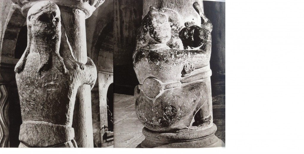 Pillar-breakers or pillar-huggers at Lund Cathedral, photograph by Gerard Franceschi in Jorn's publication  "Skånes stenskulptur under 1100-talet" (12th-Century Stone Sculpture of Scania), 1965. 